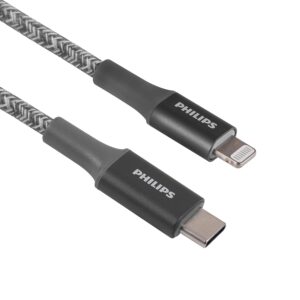 Philips USB-C to Lightning 3 ft braided cable with fast charging Power Delivery. Compatible with iPhone, iPad and AirPods. Durable, flexible and elegant.  