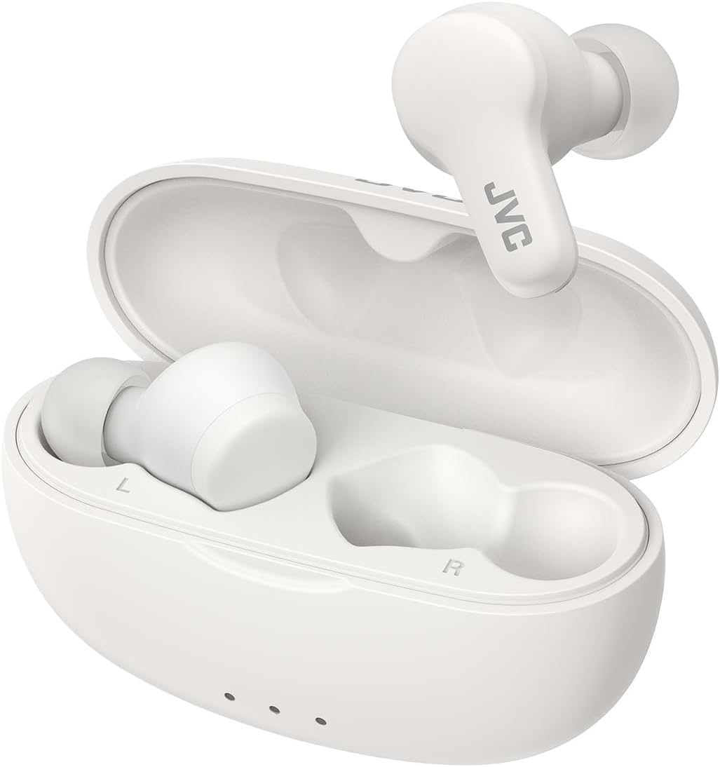 JVC HA-A7T2-W : écouteurs true wireless blancs avec Bluetooth 5.3, IPX4, 24 h d’autonomie et recharge rapide.
