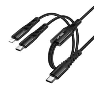 HOCO X123 : câble de recharge 2 en 1 Type-C et Lightning de 1 m avec nylon tressé, embouts en aluminium et charge jusqu’à 5V/3A.