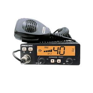 PRESIDENT Adams FCC 40-channel AM mobile CB radio with automatic ASC, 7-color LCD display, ANL/NB filters, and PA function for clear communication.